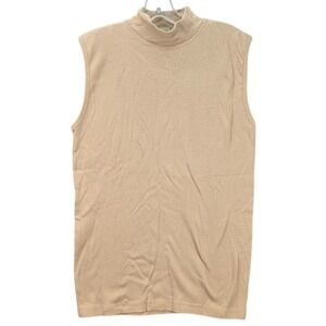 Earth Works Natural Fiber Ribbed Sleeveless Turtleneck Top Cotton Beige‎ Size M